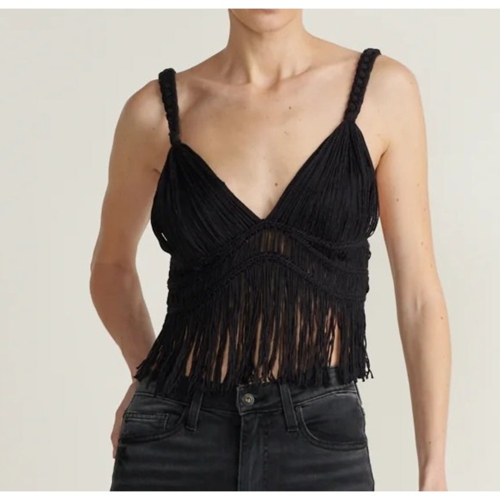 Jonathan Simkhai S Claudette Fringe Macrame Bralette Crop‎ Top Black NWT $395